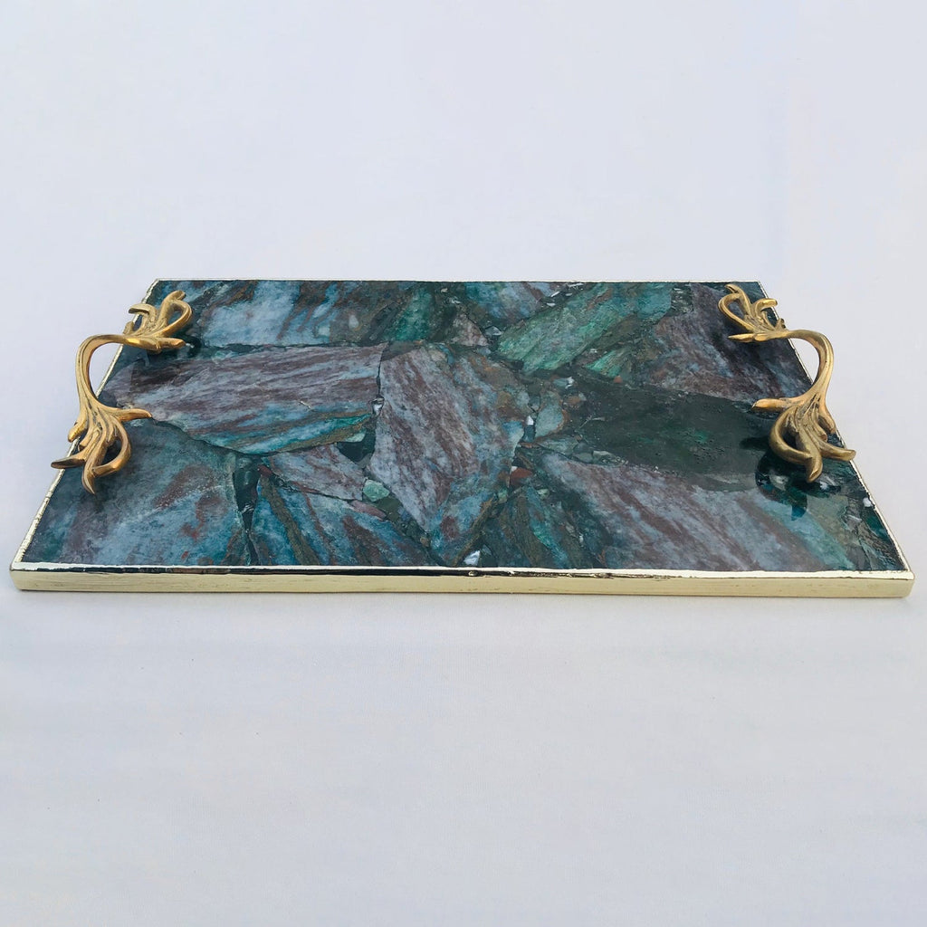 Green Agate Serving Tray With Brass Handles