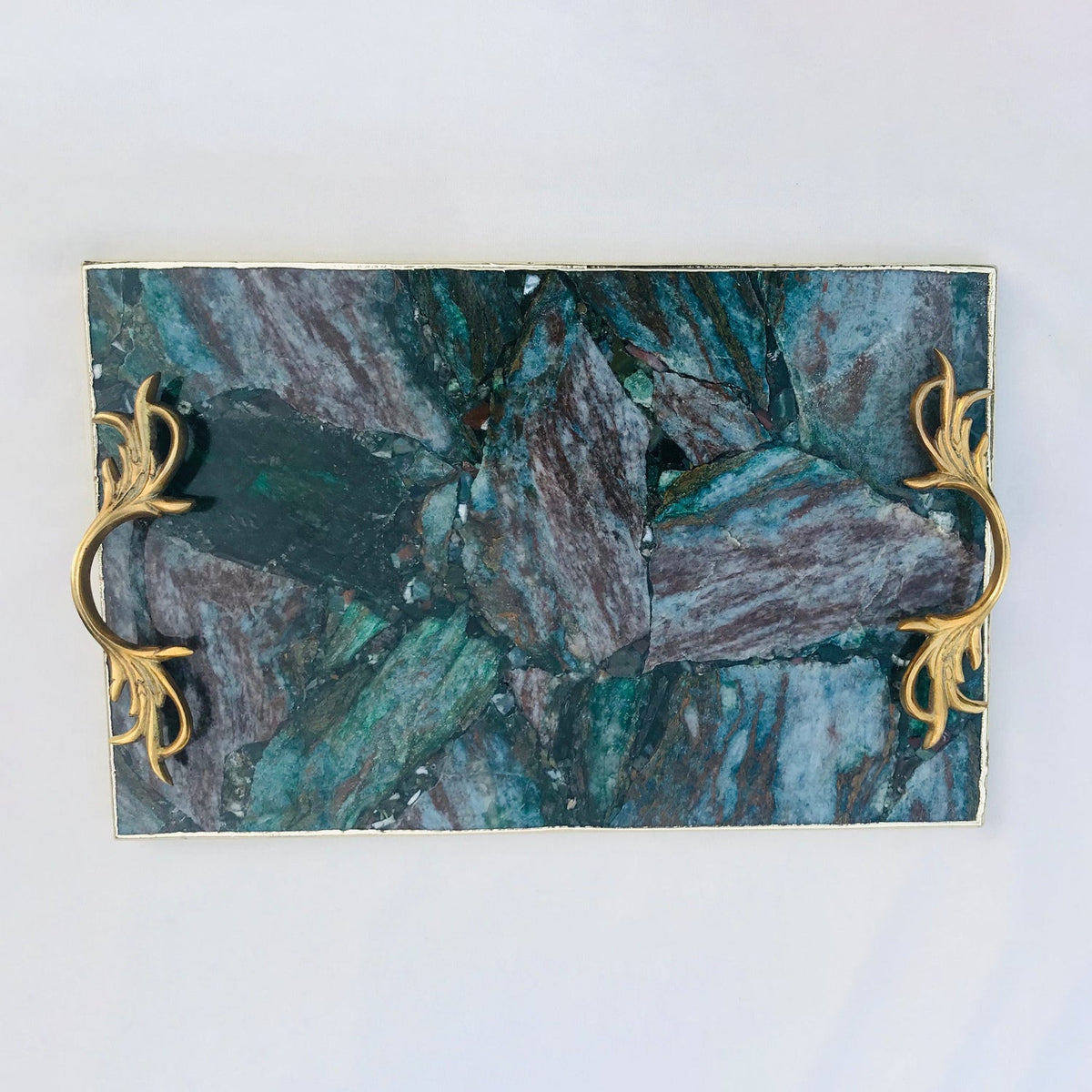 Green Agate Serving Tray With Brass Handles