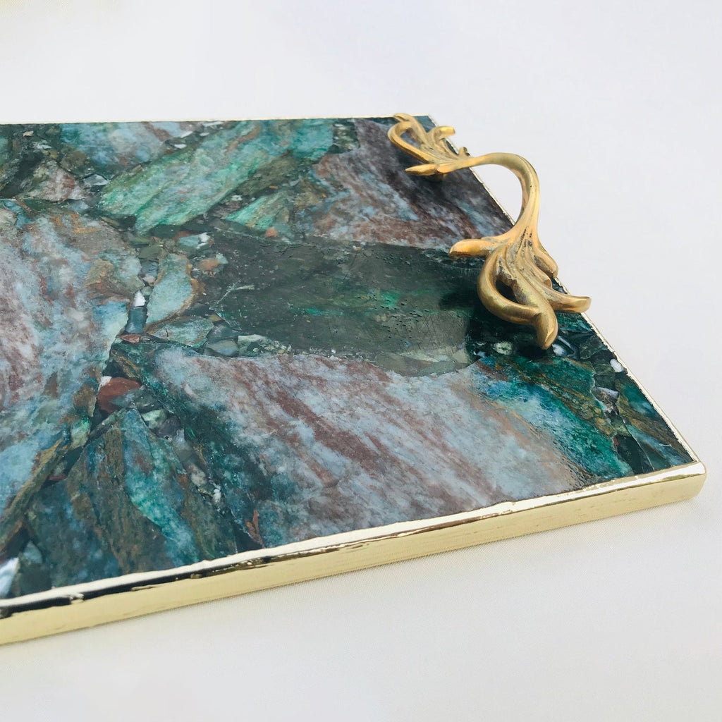 Green Agate Serving Tray With Brass Handles