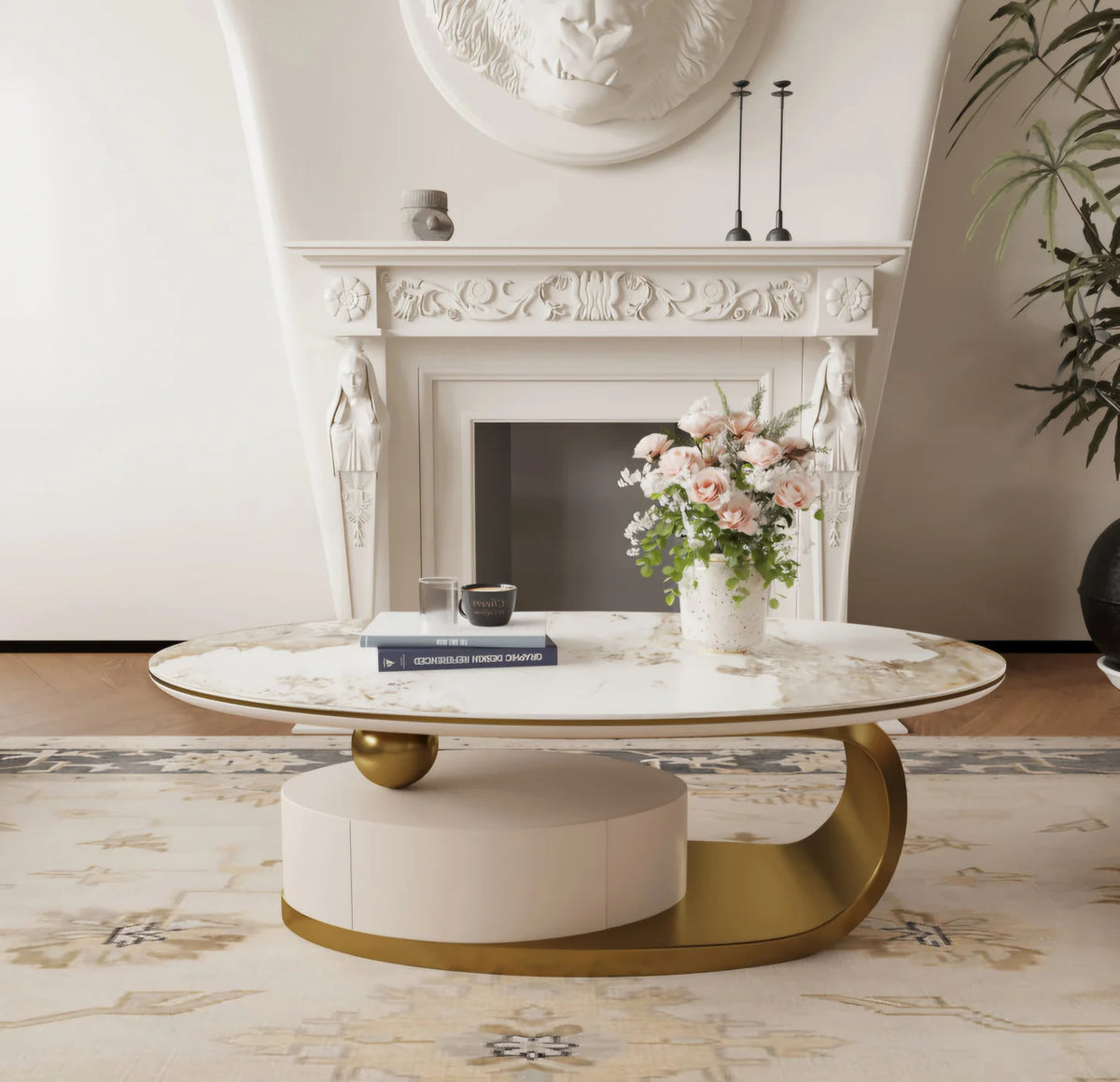 White & Gold Marble Finish Top Coffee Table